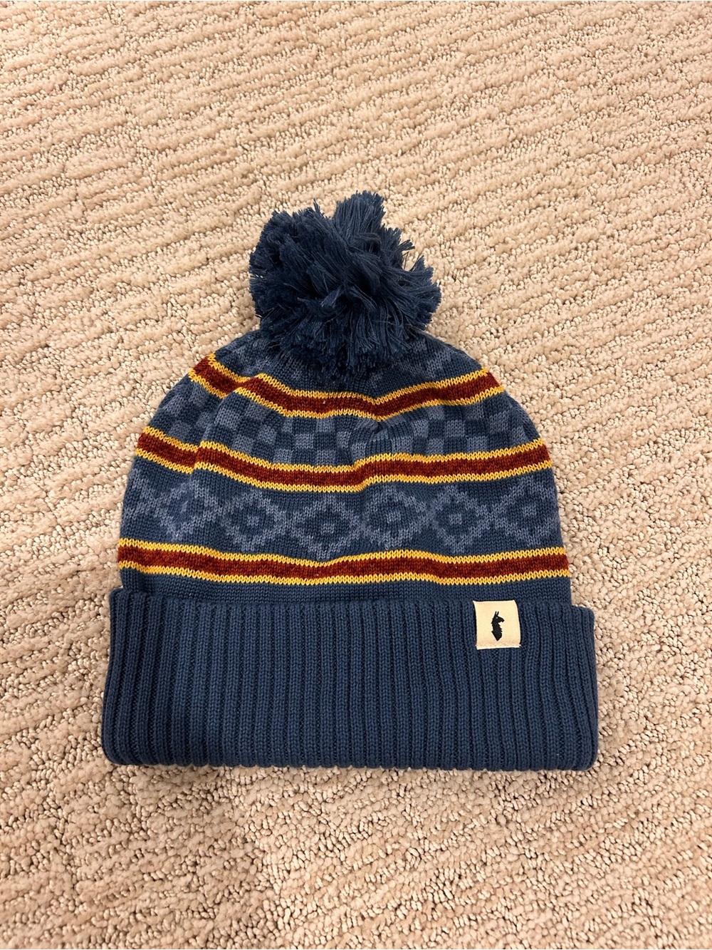 New Cotopaxi Navy Pom Beanie with Gold & Maroon Stripes — Unisex